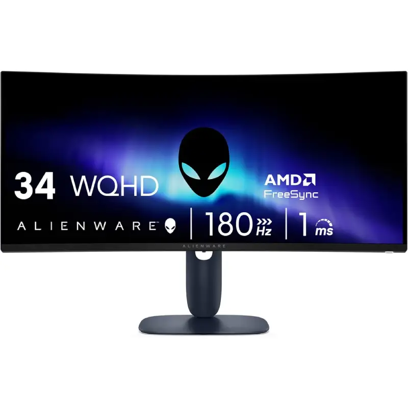Alienware AW3423DW, a 34-inch curved QD-OLED gaming monitor on white background.