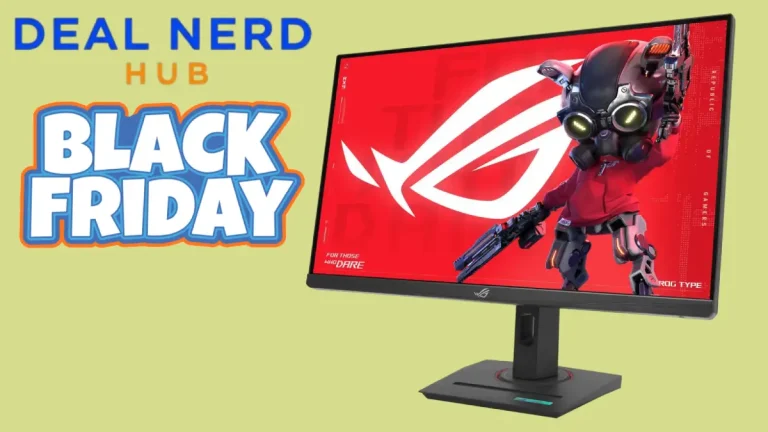 Asus ROG Strix gaming monitor on a yellow background with deal nerd hub black friday text.