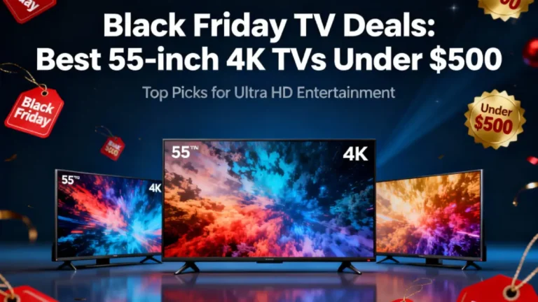 Three 55-inch 4K TVs surrounded by black friday price tags with a blue baackground.