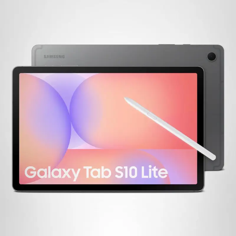 Galaxy Tab S10 lite tablet with s-pen on a white background.