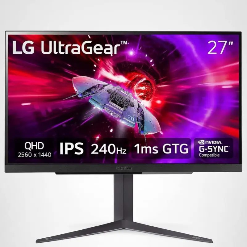 LG UltraGear 27GR83Q gaming monitor on white background.