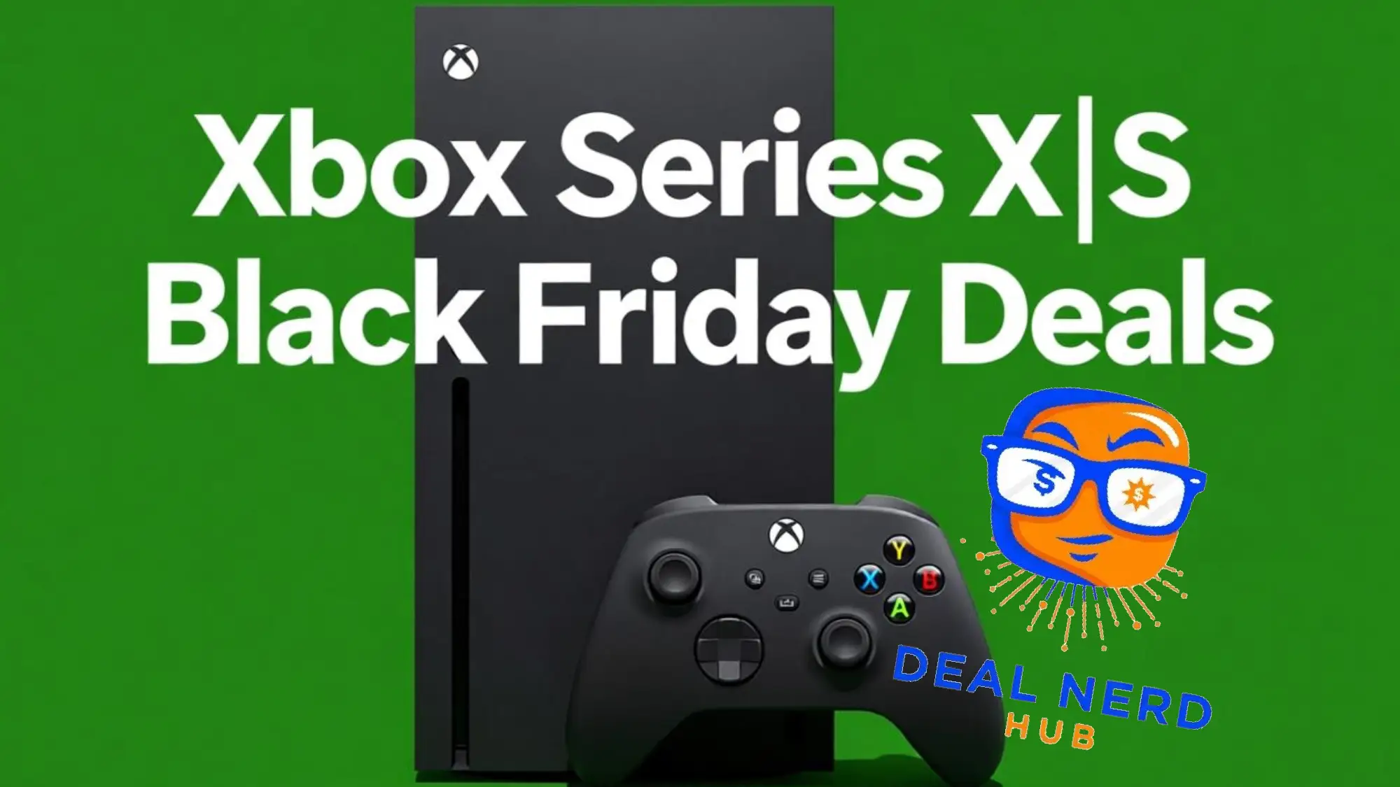 Xbox Series X console with wireless controller against a green background.