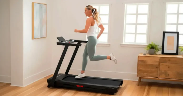 Woman running on NordicTrack T Series 5 treadmill in a living room.