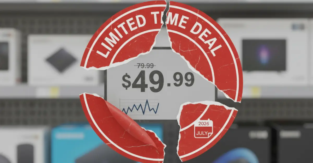 Visual of torn "Limited Time Deal $49.99" sale tag revealing fake discount, with price tracking chart showing real lower price history in 2026.