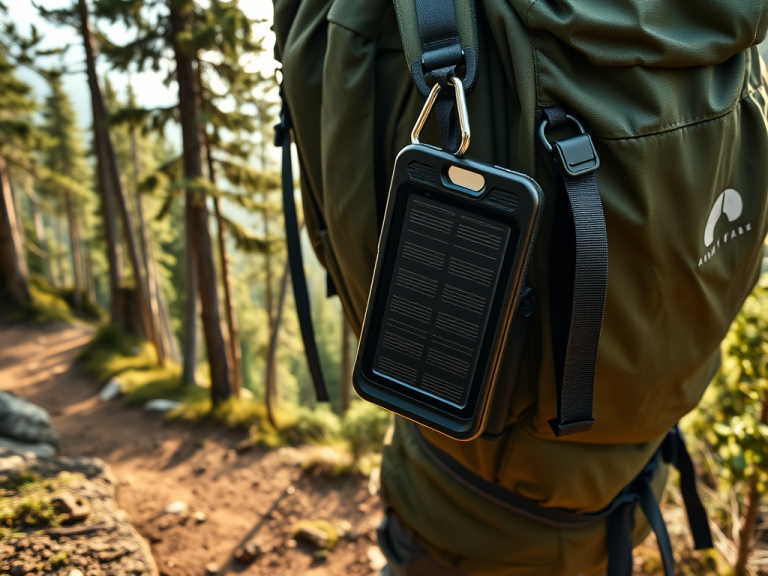 Waterproof solar power bank clipped to backpack on multi-day hike trail, angled for sunlight charging.