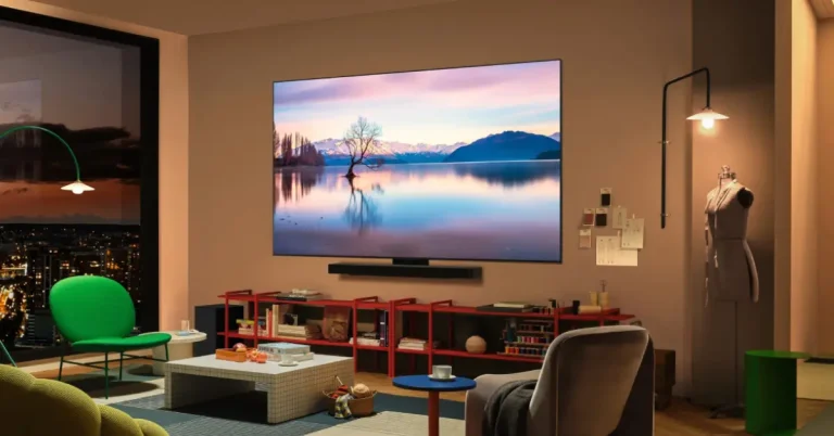 Modern living room with a large wall‑mounted flat‑screen TV displaying a serene lake and mountain landscape at sunset, above a slim soundbar and red low shelving, with contemporary furniture including a green chair, coffee table, and dress form.