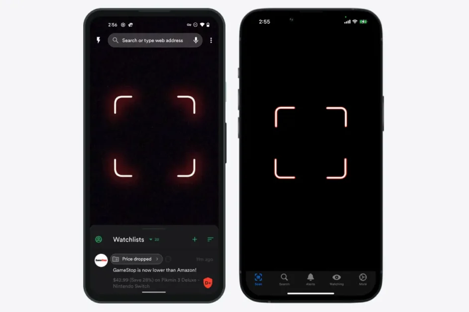 A side-by-side comparison of the ShopSavvy barcode scanner interface on Android and iOS in dark mode. Both screens feature a central red glowing viewfinder for scanning products. The bottom overlay shows a "Price dropped" notification from GameStop for Pikmin 3 Deluxe, highlighting a 28% savings compared to Amazon.