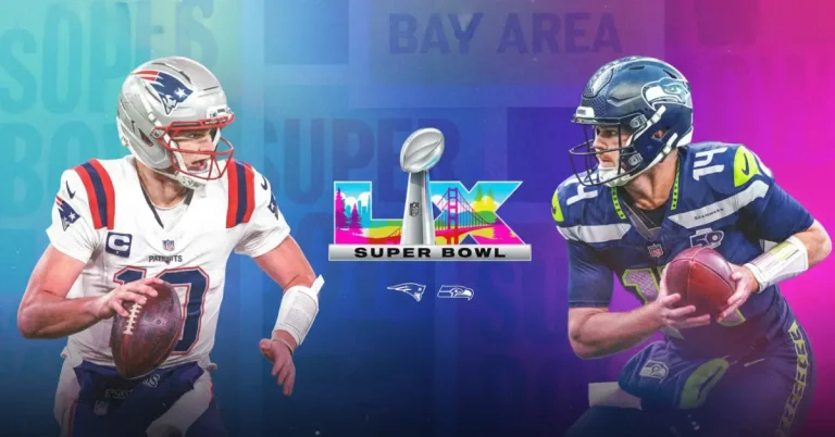 Promotional graphic for a Super Bowl XLIX matchup between the New England Patriots and the Seattle Seahawks, featuring a quarterback in a white Patriots uniform on the left and a quarterback in a dark Seahawks uniform on the right, with the Lombardi Trophy and the words “Super Bowl” and “Bay Area” over a colorful gradient background.