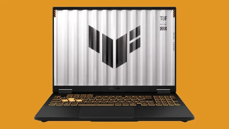 ASUS TUF Gaming F16 laptop with orange RGB keyboard on matching orange background, angled product shot for gaming deals