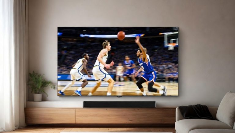 A wall mounted TV showing NCAA game action on screen in a modern living room setting